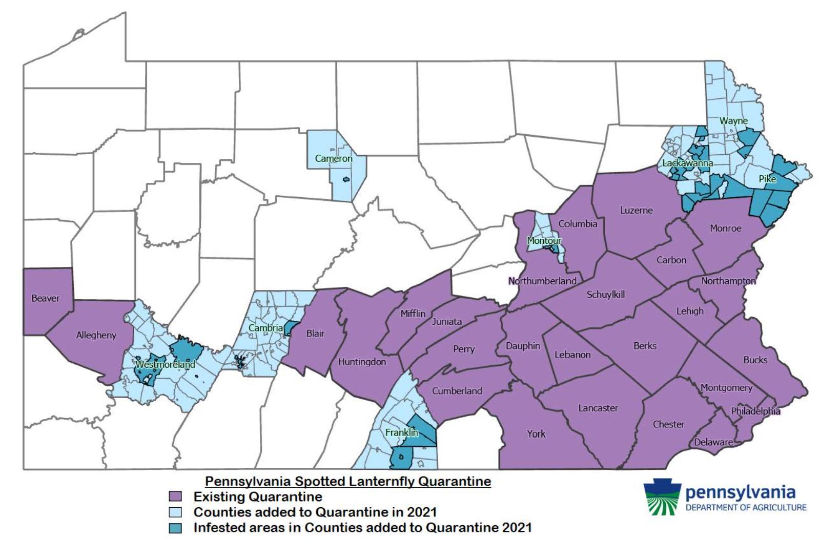 A map of PA Counties under Spotted Lanternfly quarantine and infested ares in the 2021 additions..