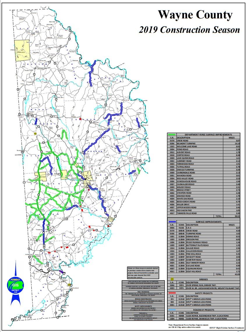 A road map of Wayne County highlighting the paving, bridge and safety projects this season.
