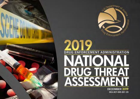 An image of the cover of the 2019 DEA Drug Threat Assessment with the department logo and a collage 
