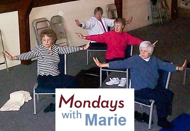 An image of three women sitting in chair with their arms out promoting Mondays with Marie chair exer