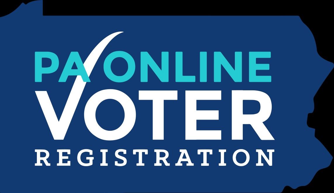 An outline of Pennsylvania with a link to the PA Online Voter Registration.