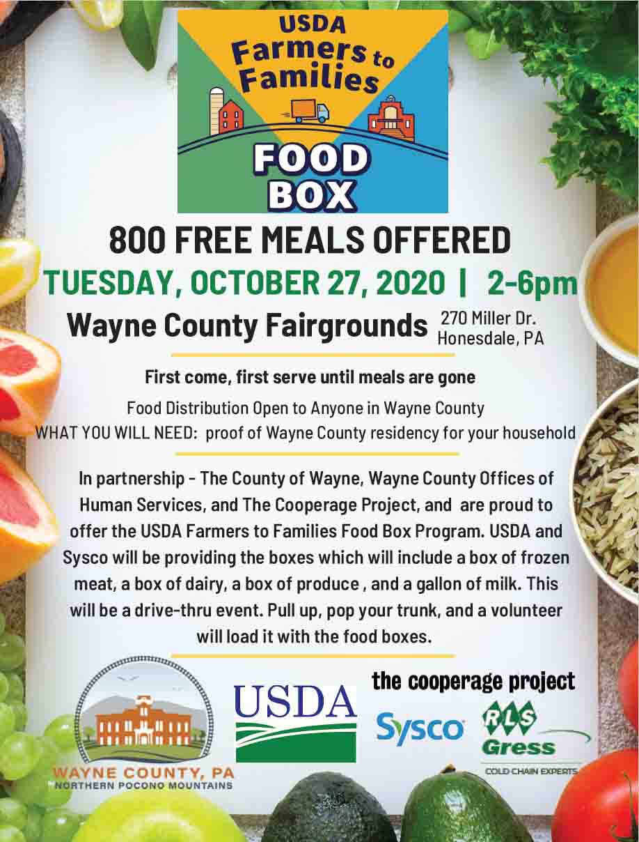 A flyer promoting the Farmers to Families food distribution Oct. 27 from 2 to 6 pm at the Fairground