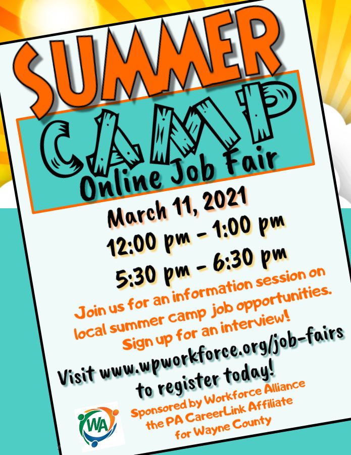 Flyer for Summar Camp online Job Fair March 11 hosted by Workforce Alliance.