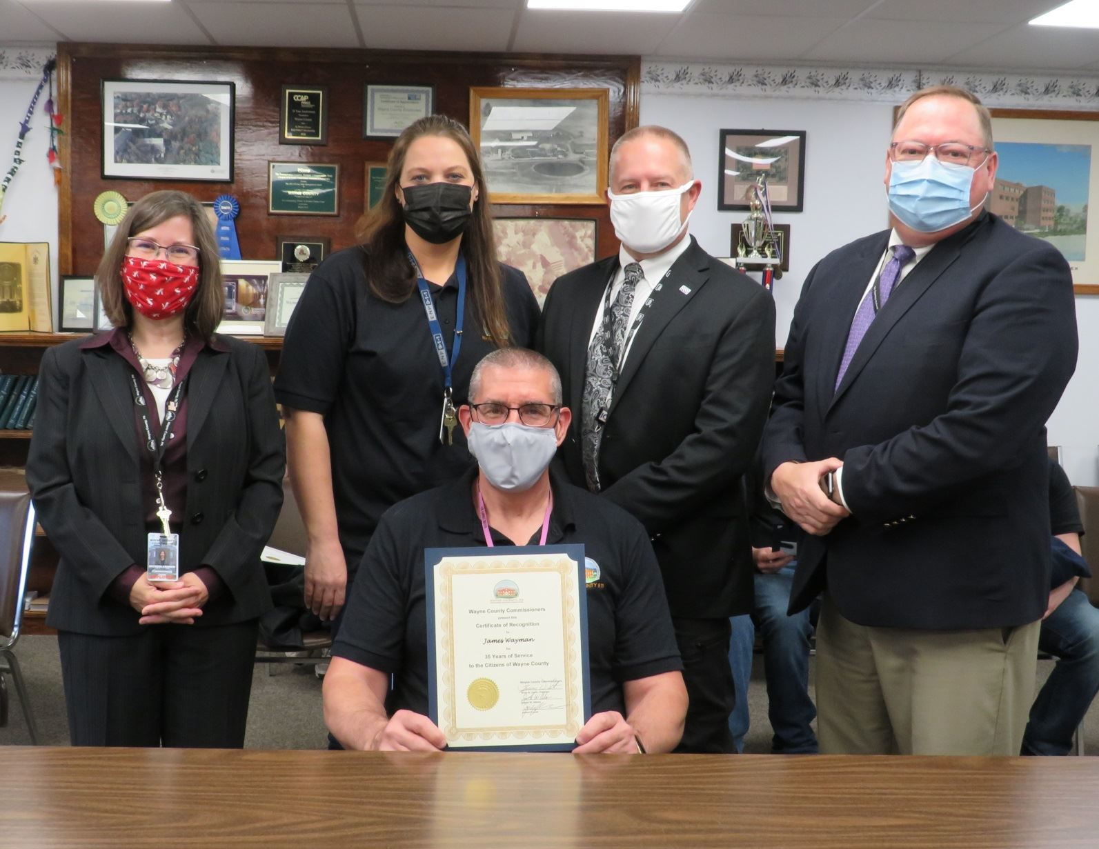 James Wayman  with the Commissioners marking 35 years of service to the people of Wayne County.
