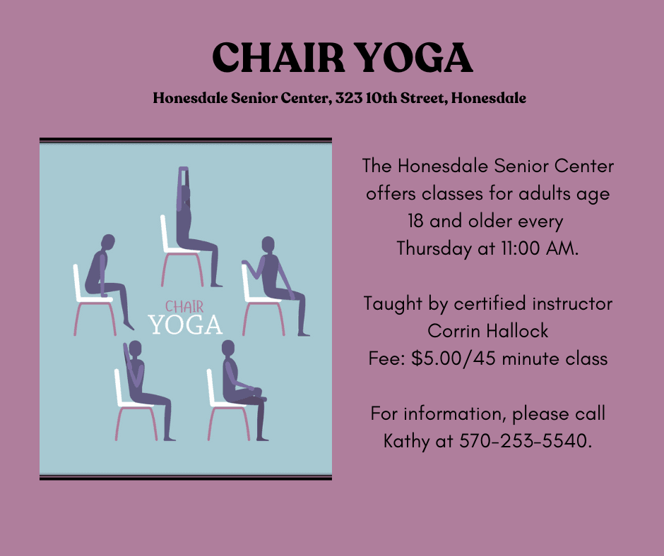 A social media post promoting Chair Yoga on Thursdays at 11 am at the Honesdale Senior Center
