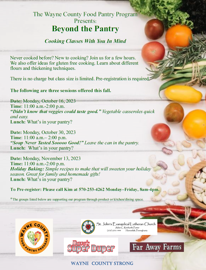 A flyer promoting a series of three, free cooking clases presented by the Pantry Program.