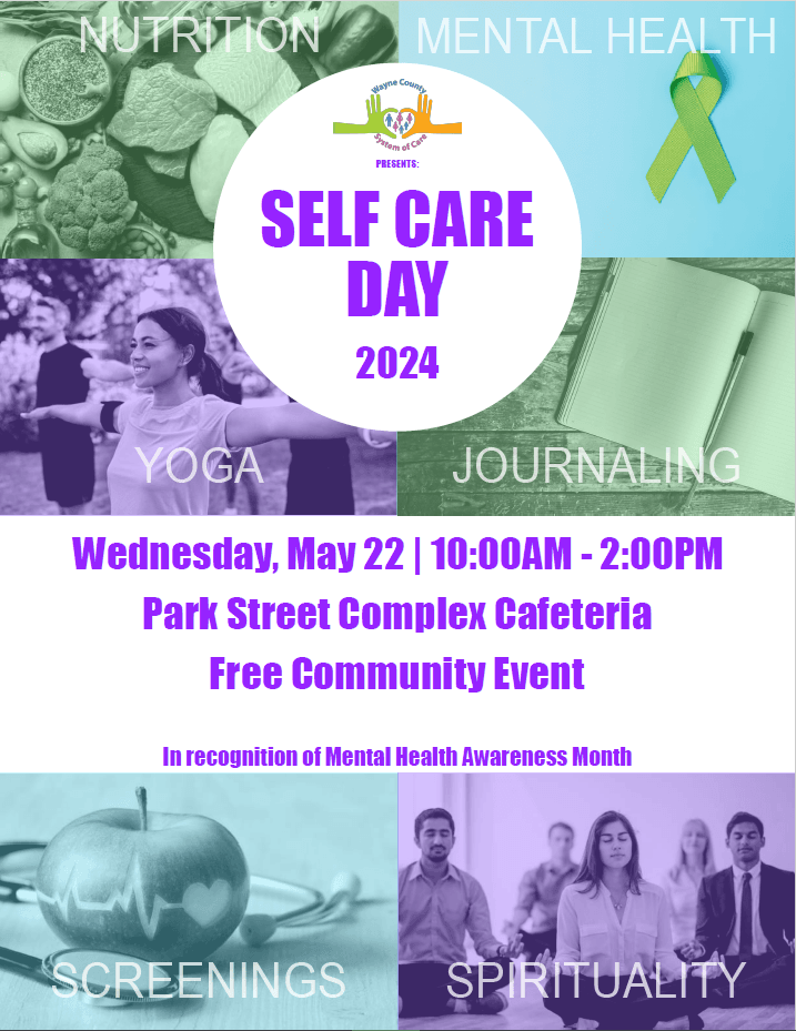 A flyer promoting the Self Care Day May 22, 10 am to 2 pm at the Park Street Complex, Honesdale