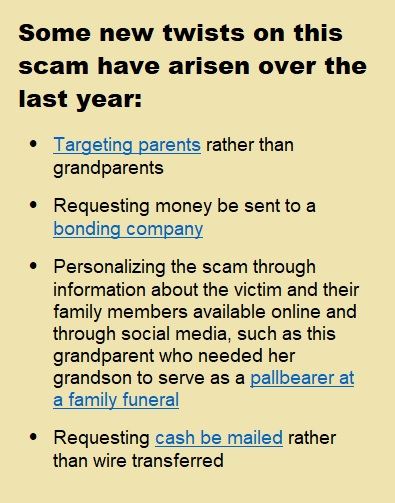 Lists recent twists on the Grandparent Scam such as targeting parents, personalizing the scam with s